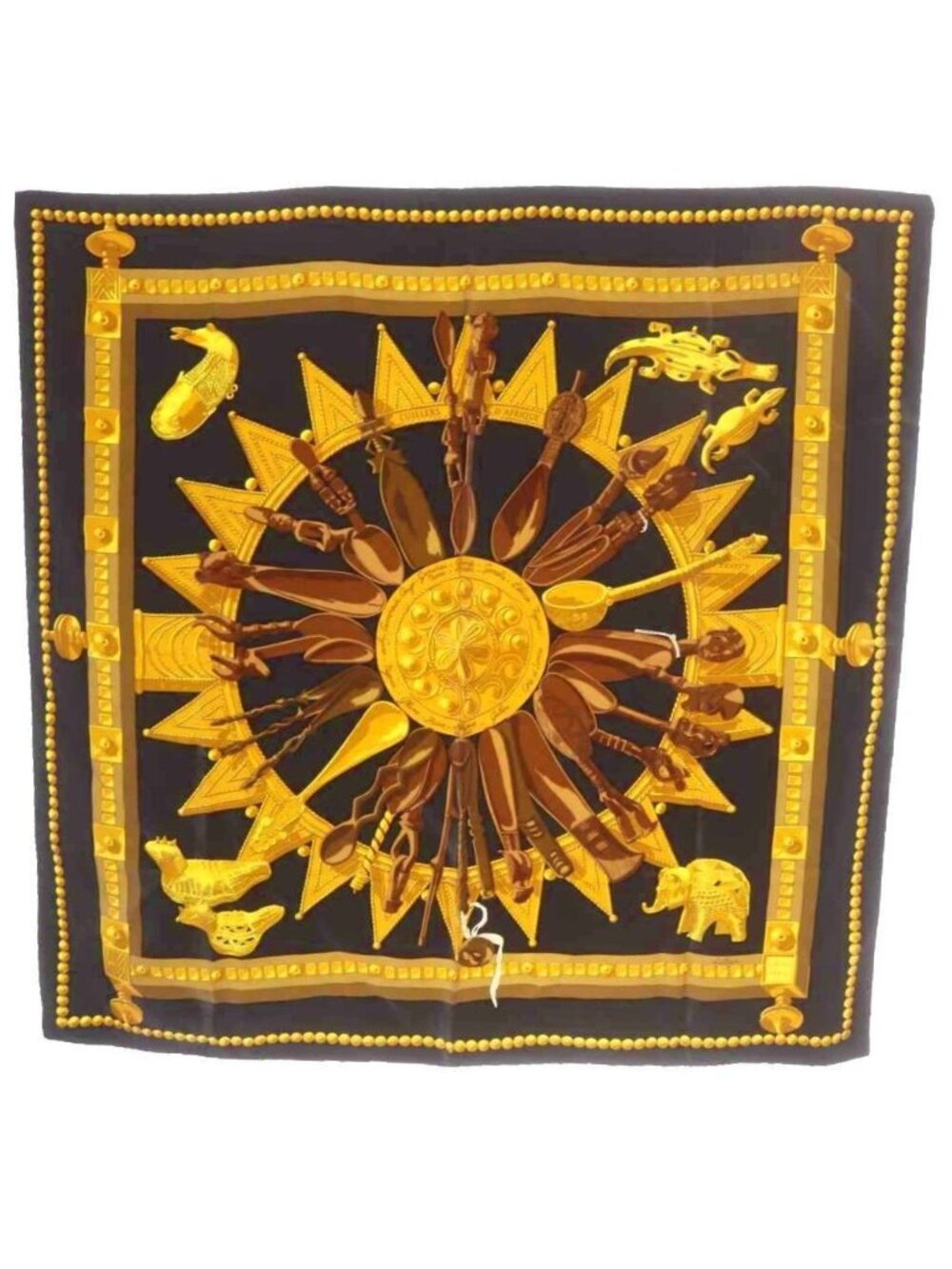 Hermes Scarf Carre 90 Cuillers D Afrique African Spoon Silk Black Gold Color OH